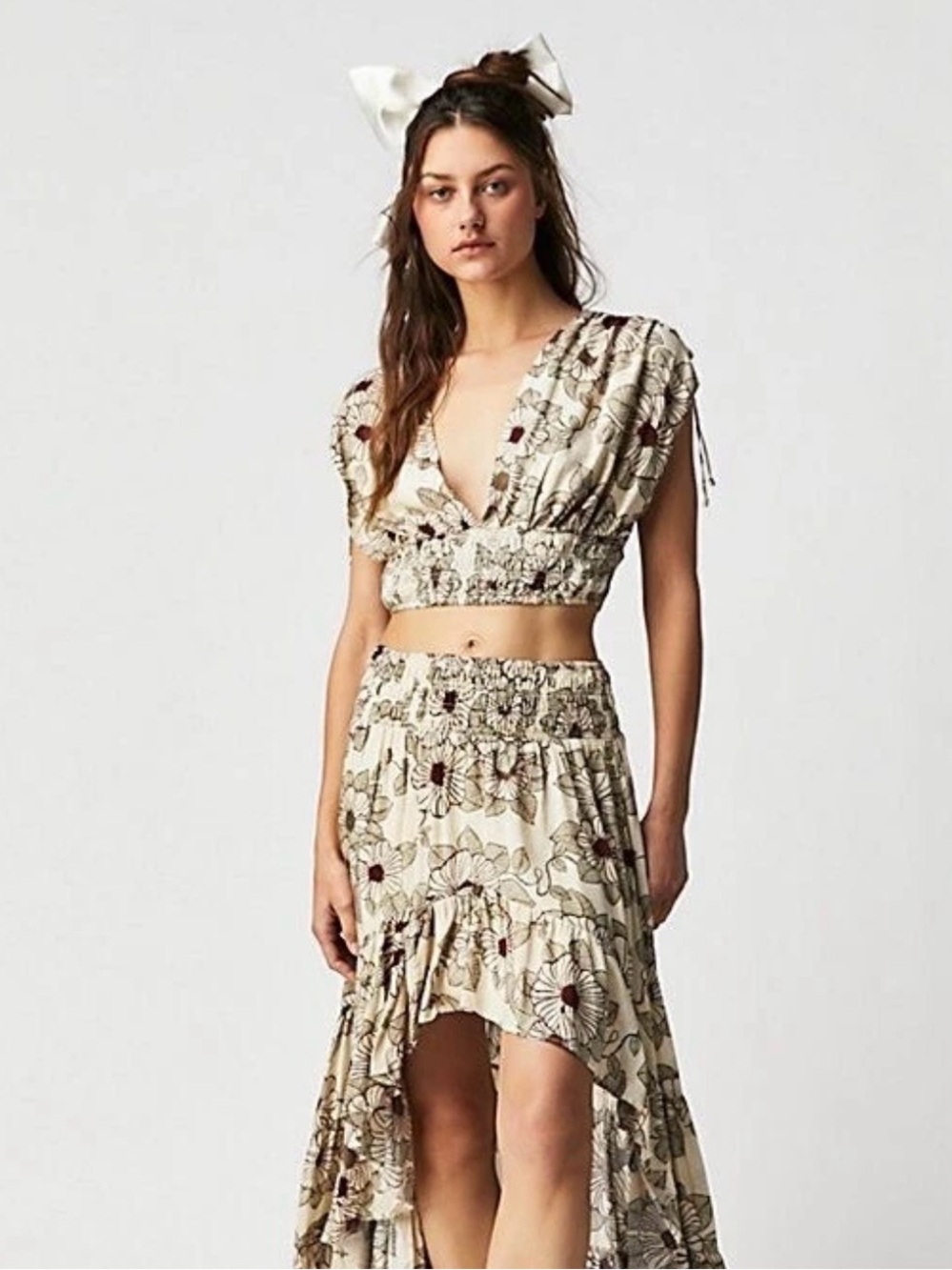 free people smocked floral boho beachy cropped adjustable neutral top shirt